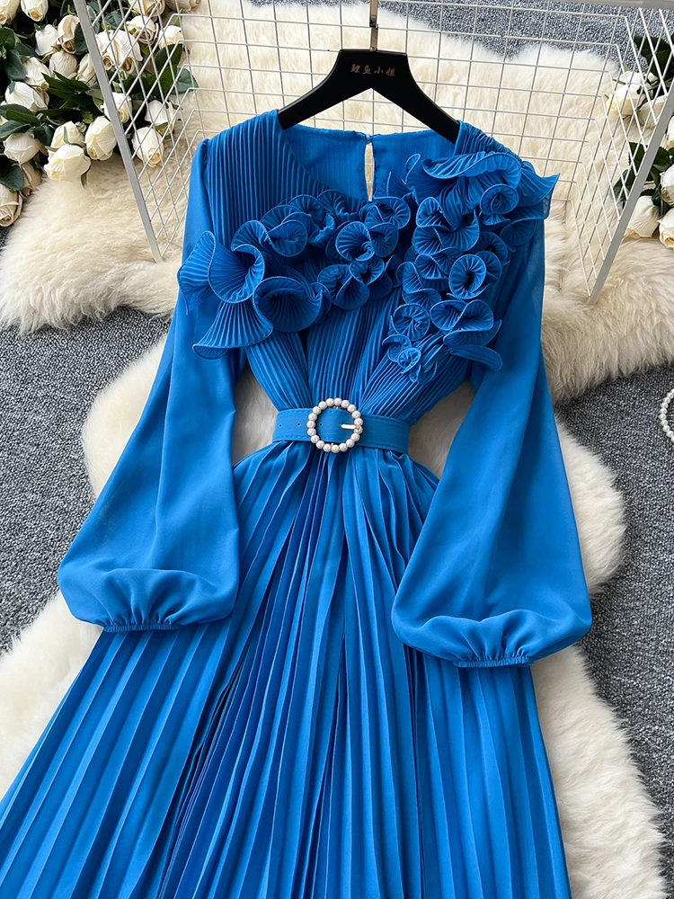 2026 Spring Autumn Fashion Elegant Dress for Women New French Mushroom Edge Crimping Loose Chiffon Long Sleeve Long Dress C141