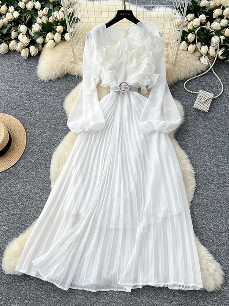 2026 Spring Autumn Fashion Elegant Dress for Women New French Mushroom Edge Crimping Loose Chiffon Long Sleeve Long Dress C141