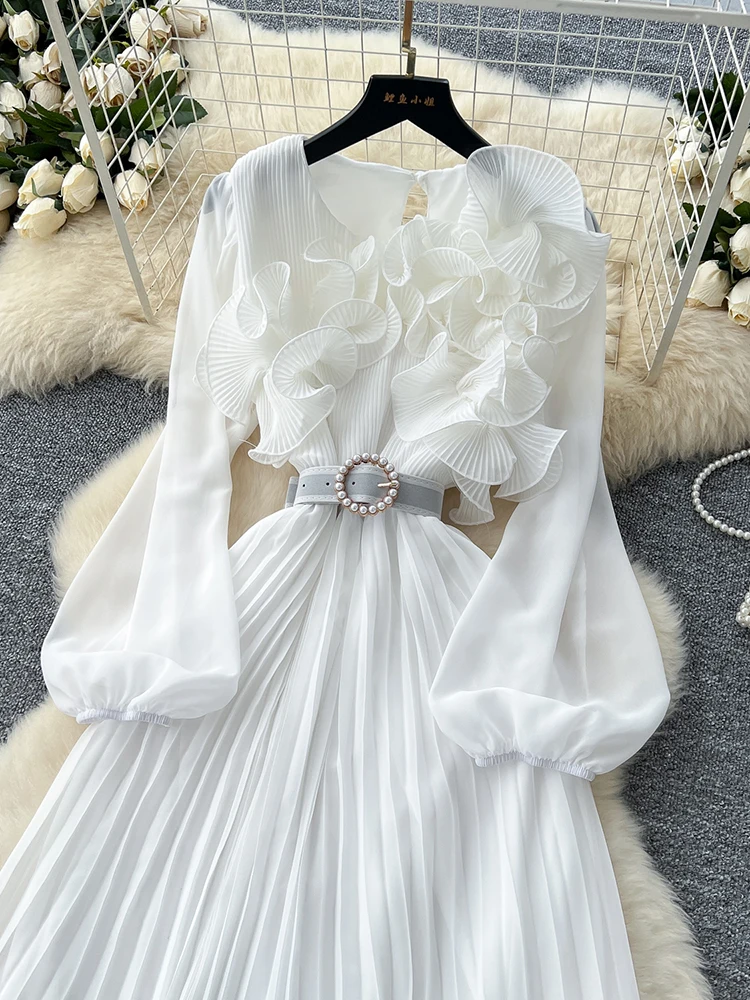 2026 Spring Autumn Fashion Elegant Dress for Women New French Mushroom Edge Crimping Loose Chiffon Long Sleeve Long Dress C141