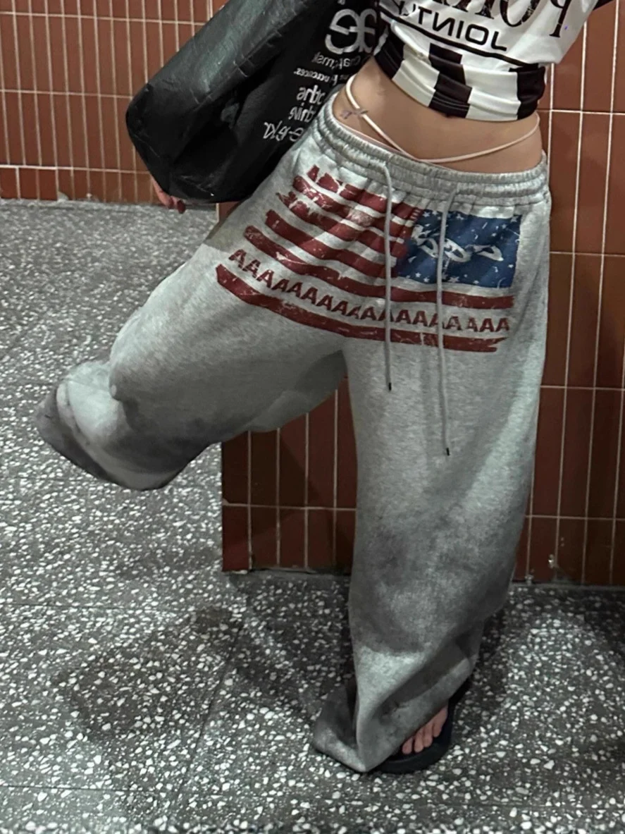 Y2K College American Hip-hop Goth Print Drawstring Wide Leg Sweatpants Loose 90s High Street Sports Trousers Floor Length Pants