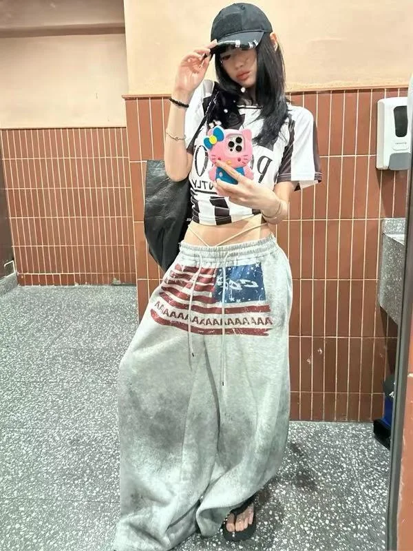 Y2K College American Hip-hop Goth Print Drawstring Wide Leg Sweatpants Loose 90s High Street Sports Trousers Floor Length Pants