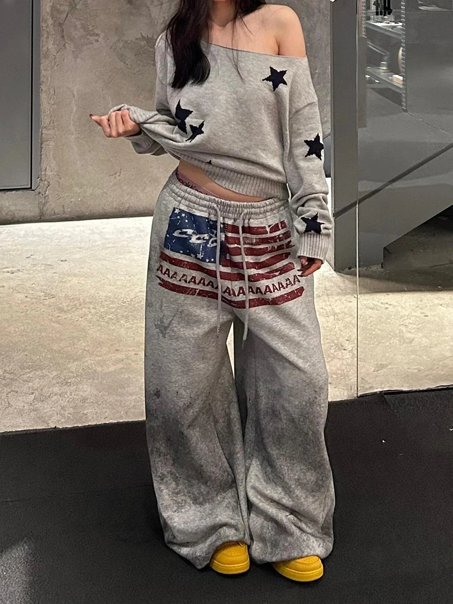 Y2K College American Hip-hop Goth Print Drawstring Wide Leg Sweatpants Loose 90s High Street Sports Trousers Floor Length Pants