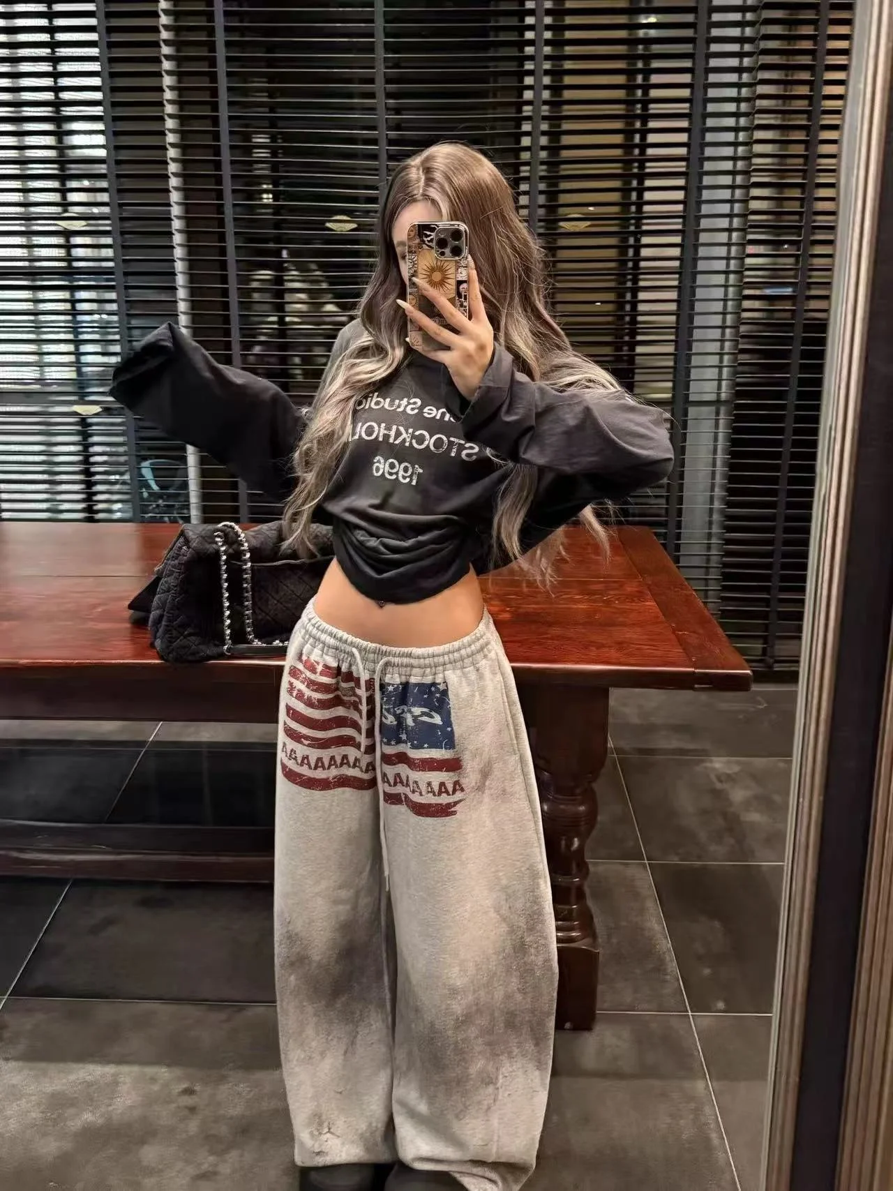 Y2K College American Hip-hop Goth Print Drawstring Wide Leg Sweatpants Loose 90s High Street Sports Trousers Floor Length Pants