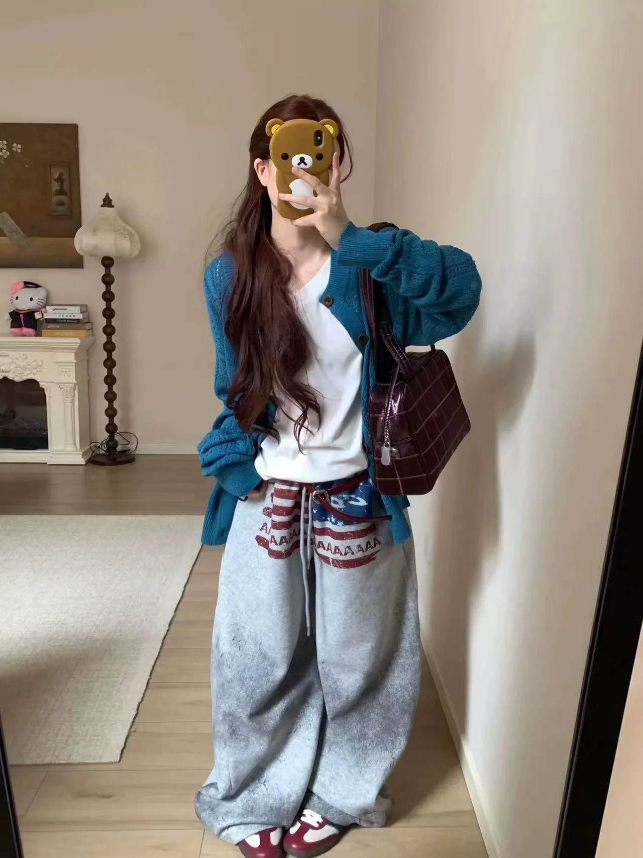Y2K College American Hip-hop Goth Print Drawstring Wide Leg Sweatpants Loose 90s High Street Sports Trousers Floor Length Pants
