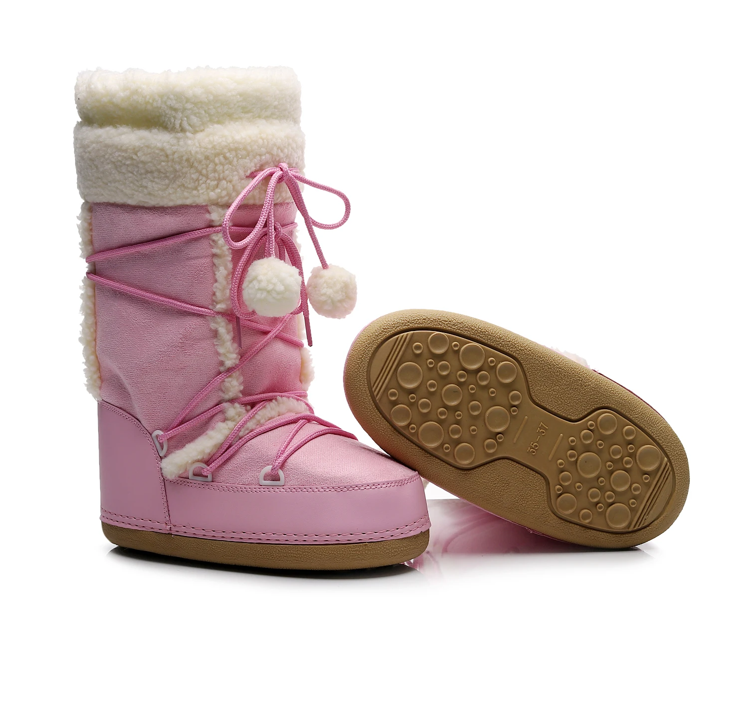 Free Ship Women Snow Boots Warm Plush Comfortable Platform Shoes Lady Lace-up Mid-Calf Pink Boots Non-slip Winter Shoes Booties