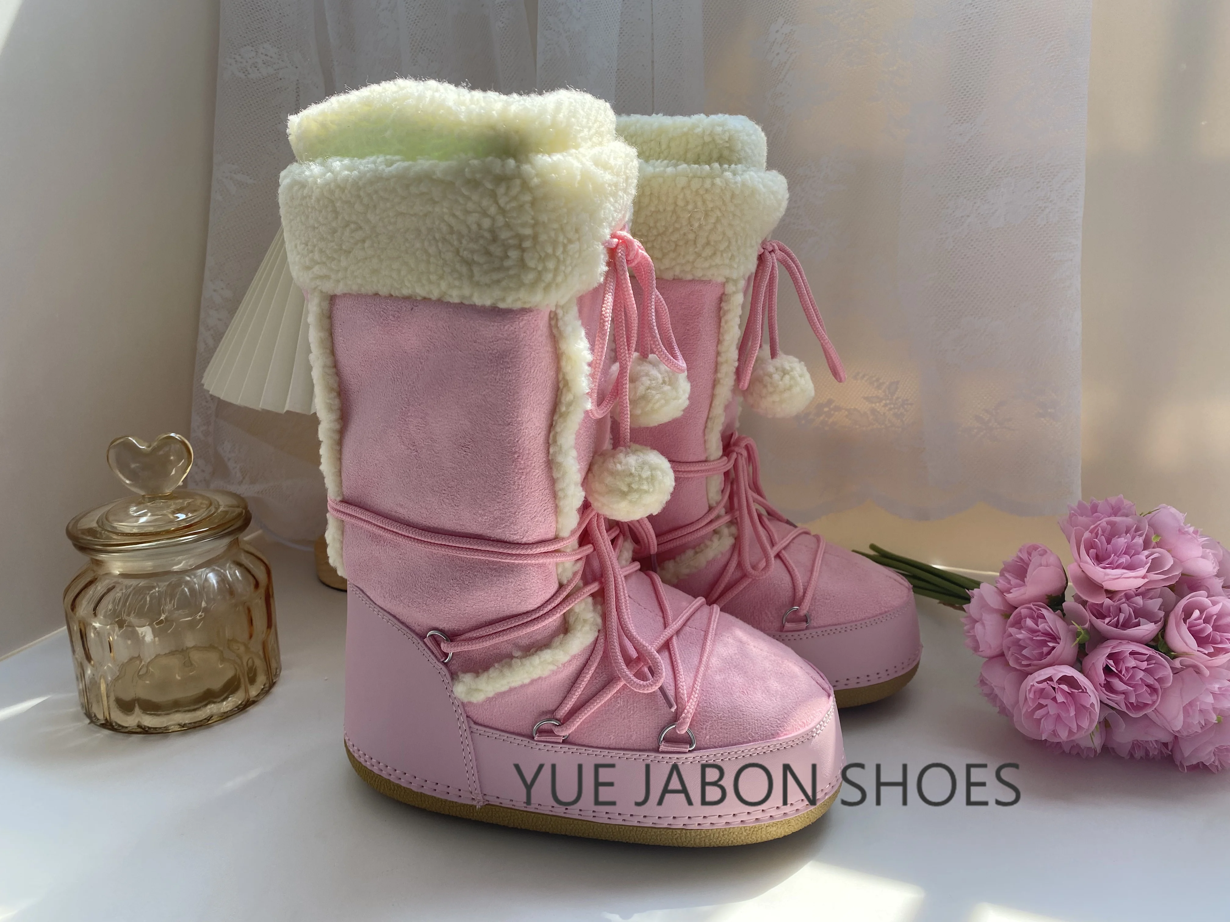 Free Ship Women Snow Boots Warm Plush Comfortable Platform Shoes Lady Lace-up Mid-Calf Pink Boots Non-slip Winter Shoes Booties