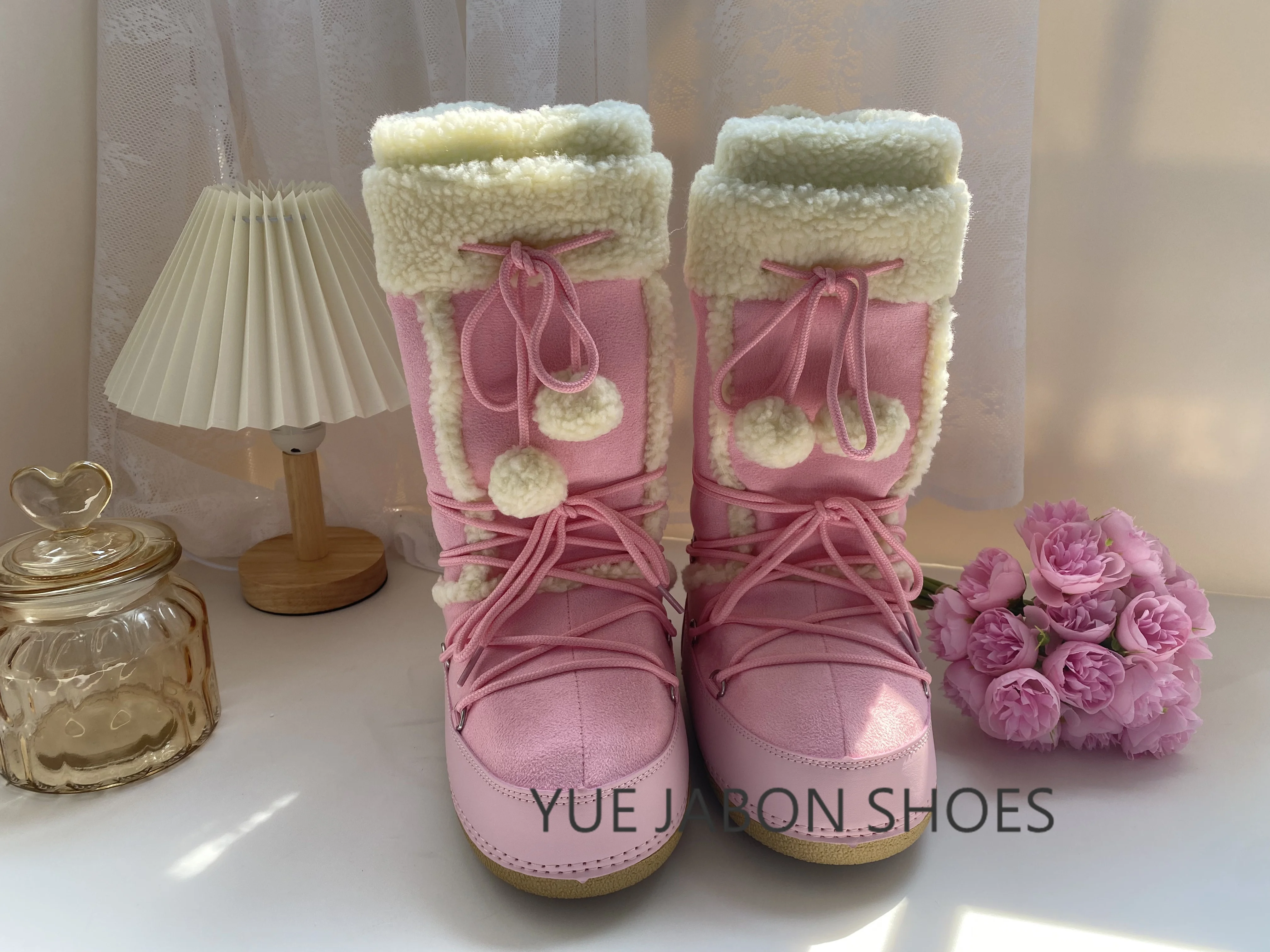 Free Ship Women Snow Boots Warm Plush Comfortable Platform Shoes Lady Lace-up Mid-Calf Pink Boots Non-slip Winter Shoes Booties