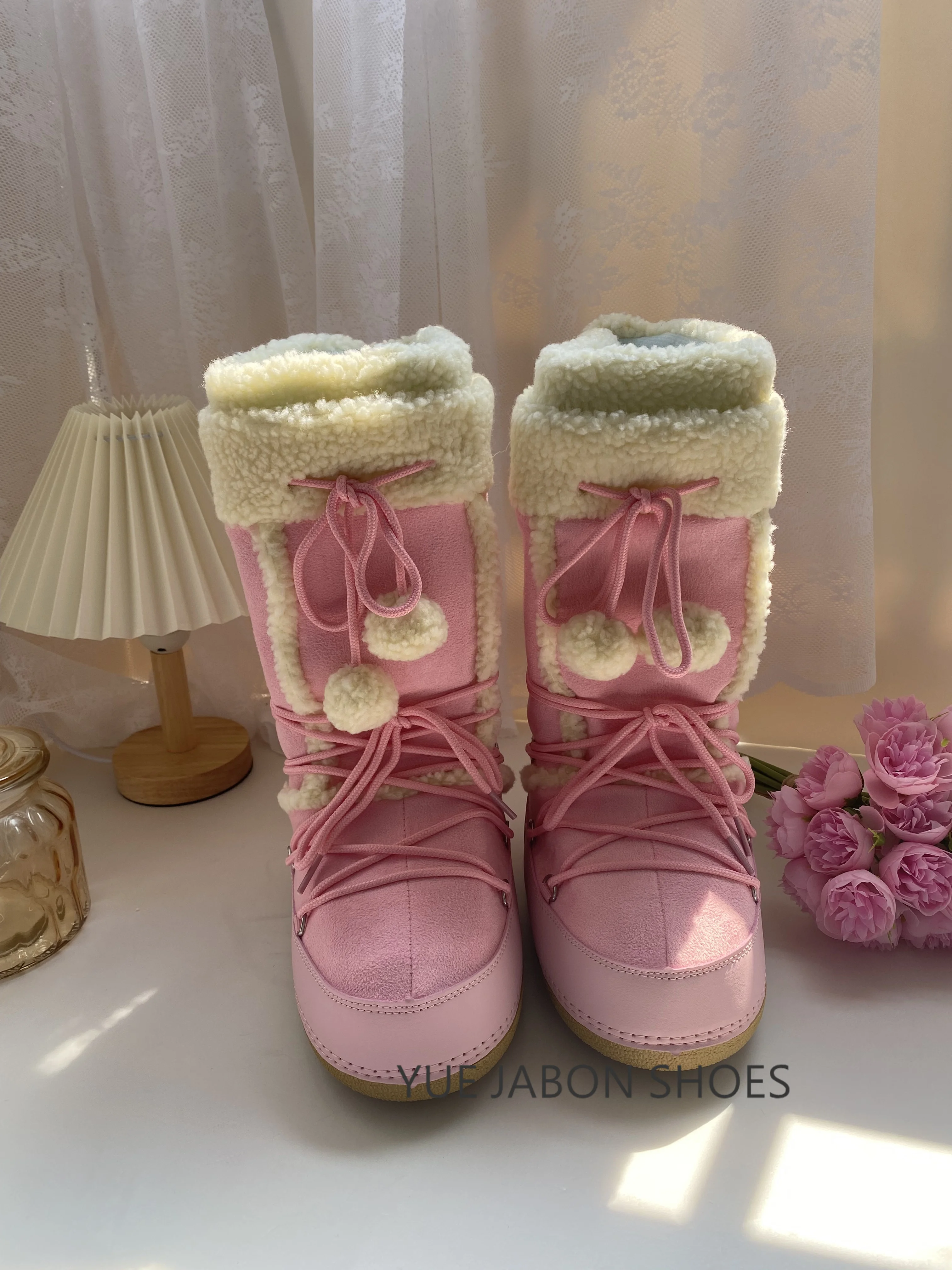 Free Ship Women Snow Boots Warm Plush Comfortable Platform Shoes Lady Lace-up Mid-Calf Pink Boots Non-slip Winter Shoes Booties