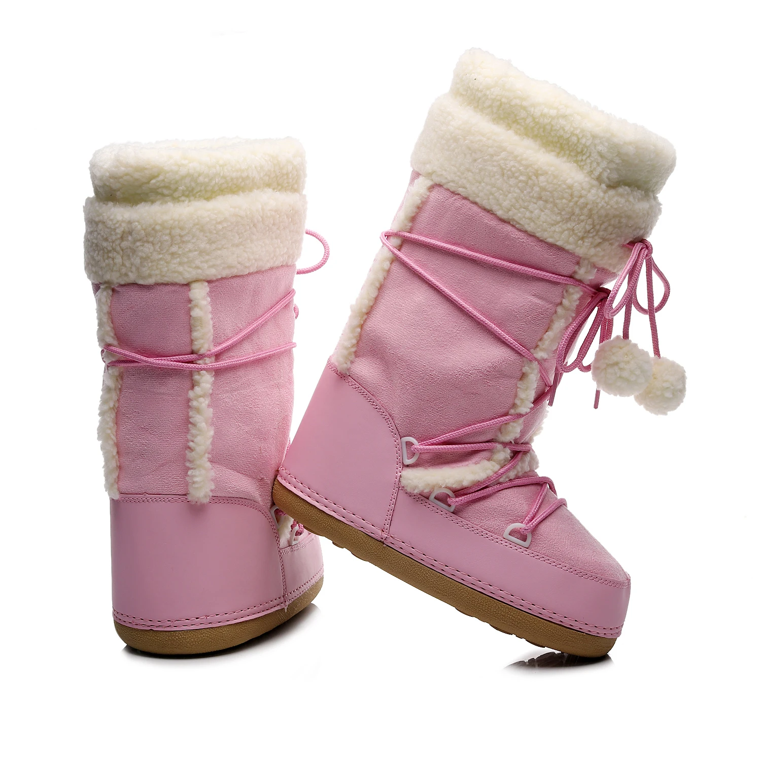 Free Ship Women Snow Boots Warm Plush Comfortable Platform Shoes Lady Lace-up Mid-Calf Pink Boots Non-slip Winter Shoes Booties