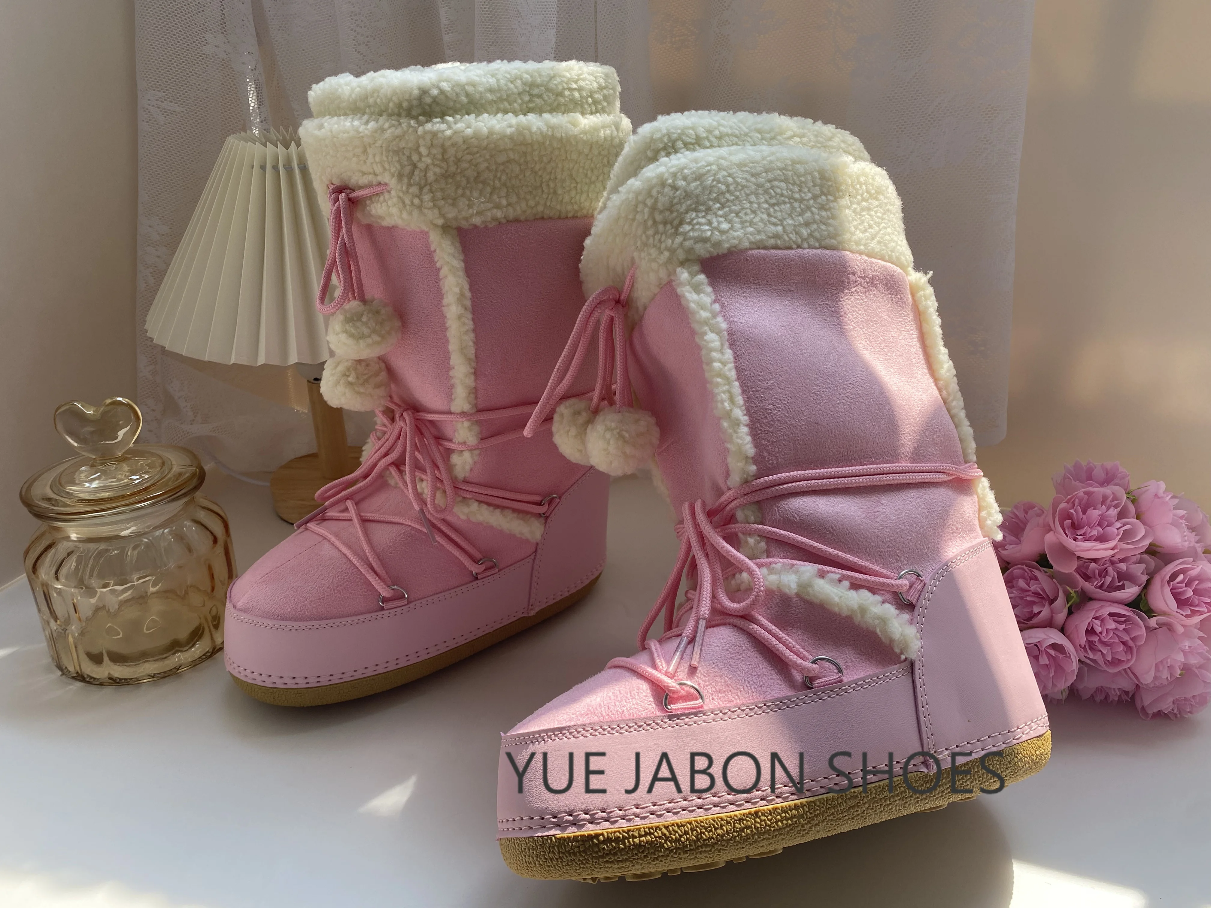 Free Ship Women Snow Boots Warm Plush Comfortable Platform Shoes Lady Lace-up Mid-Calf Pink Boots Non-slip Winter Shoes Booties