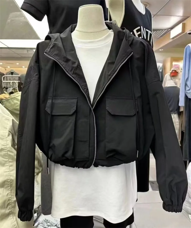 2025  Fashion Women Jacket Windbreaker Hooded Zip-up Coat Autumn Vintage Outwear Korean Harajuku Cropped Basic Coat Streetwear