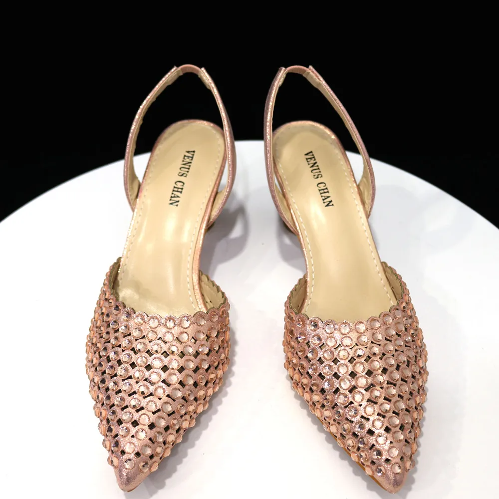 Venus Chan Pointed Toe Heels for Women 2023 Elegant Party Wine Color Full Diamond Pumps Italian Shoes and Bags Matching Set