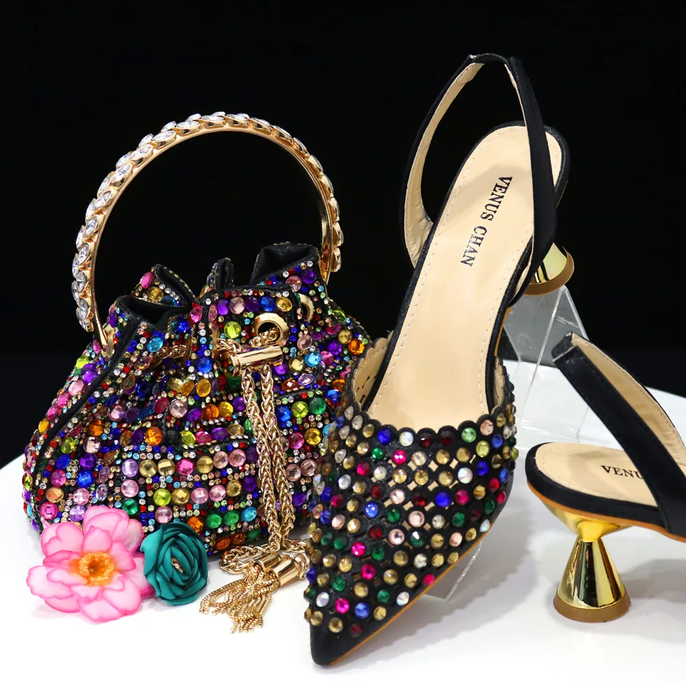 Venus Chan Pointed Toe Heels for Women 2023 Elegant Party Wine Color Full Diamond Pumps Italian Shoes and Bags Matching Set