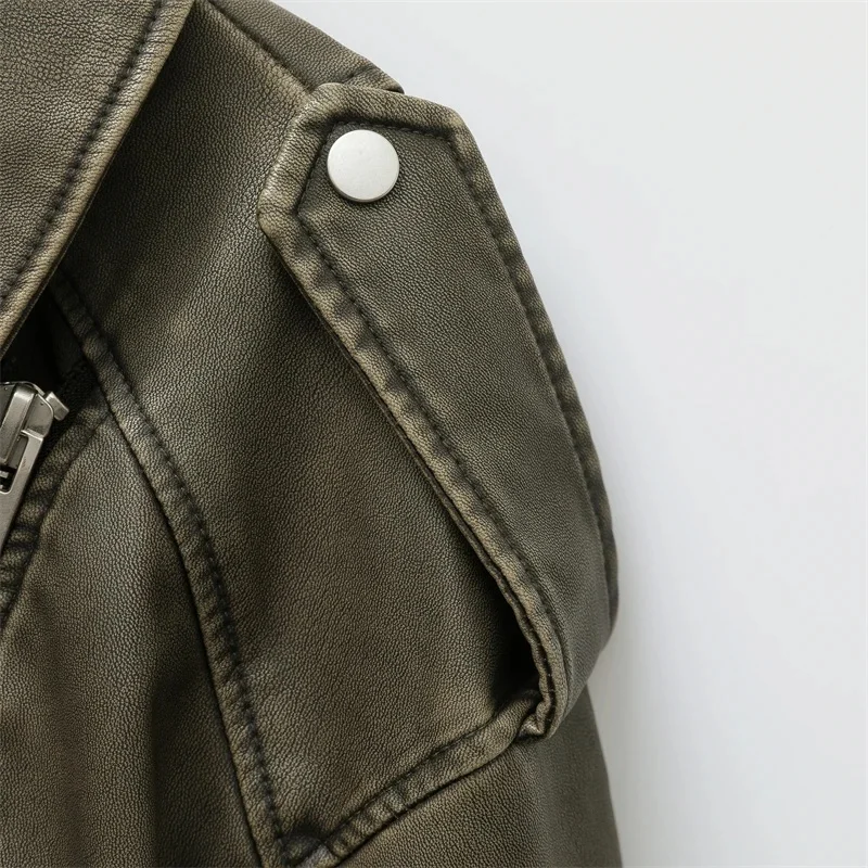 2025 Vintage Loose Pu Faux Leather Short Jacket with Belt Streetwear Female Zipper Retro Moto Biker Coat Outwear Tops