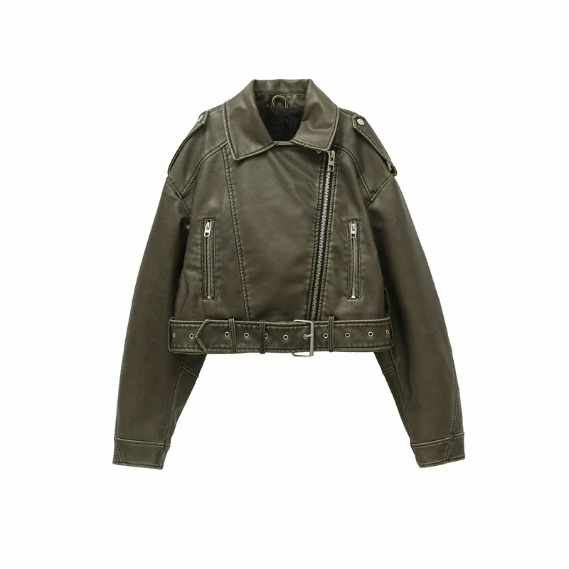 2025 Vintage Loose Pu Faux Leather Short Jacket with Belt Streetwear Female Zipper Retro Moto Biker Coat Outwear Tops