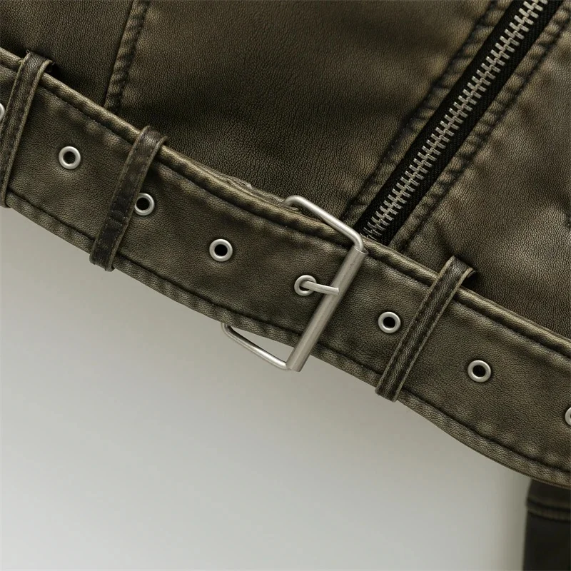 2025 Vintage Loose Pu Faux Leather Short Jacket with Belt Streetwear Female Zipper Retro Moto Biker Coat Outwear Tops