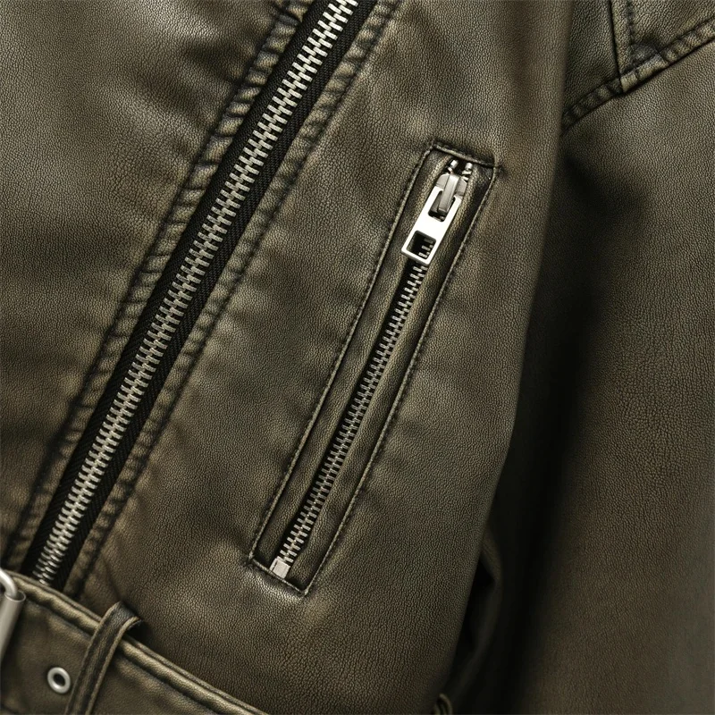 2025 Vintage Loose Pu Faux Leather Short Jacket with Belt Streetwear Female Zipper Retro Moto Biker Coat Outwear Tops