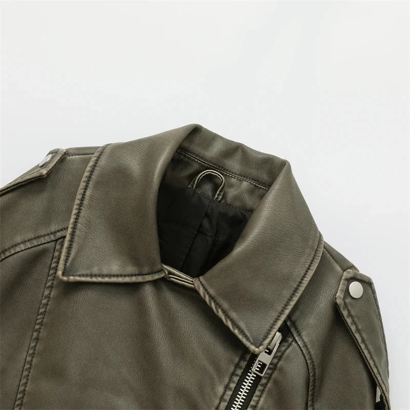 2025 Vintage Loose Pu Faux Leather Short Jacket with Belt Streetwear Female Zipper Retro Moto Biker Coat Outwear Tops