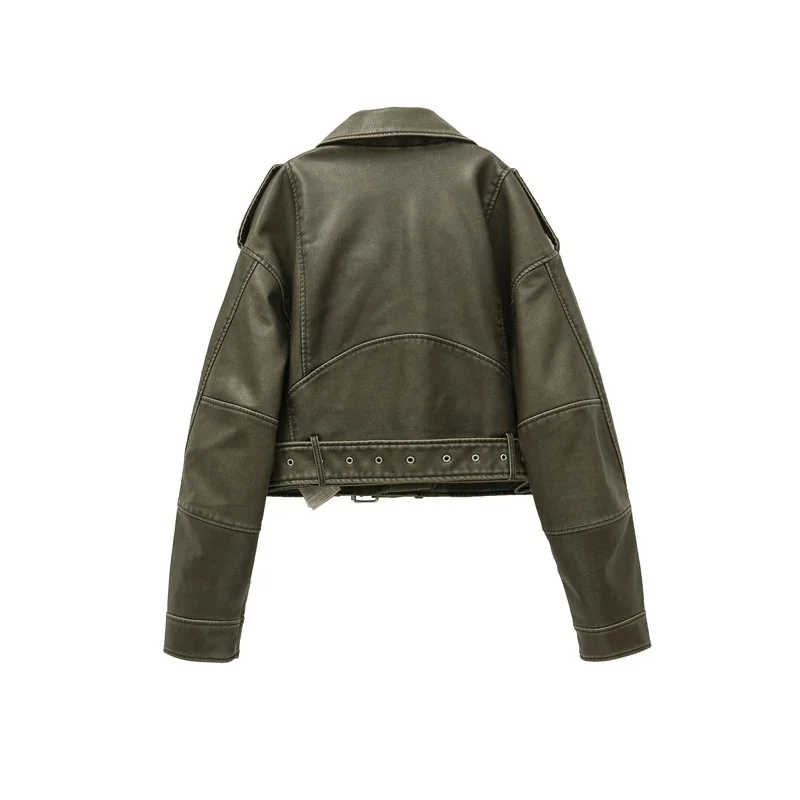 2025 Vintage Loose Pu Faux Leather Short Jacket with Belt Streetwear Female Zipper Retro Moto Biker Coat Outwear Tops