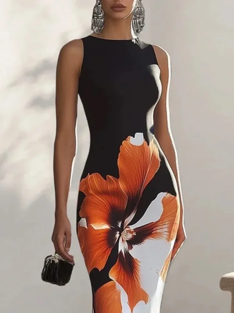 Gymystars Skinny Sleeveless Flower Print Dress Women's Evening Dresses Elegant Sexy Outfit Black White Flowers Party Dress Robe