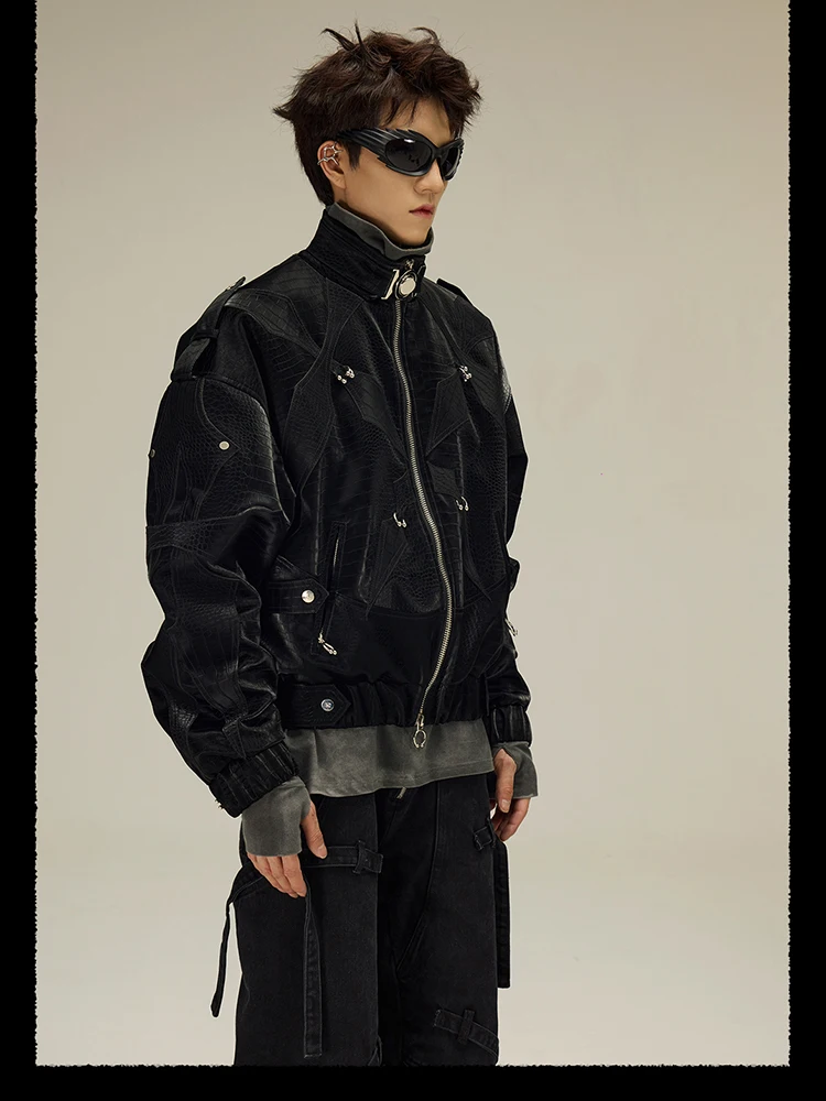 Mauroicardi Spring Autumn Cool Short Shiny Black Crocodile Print Pu Leather Jacket Men Luxury Designer Y2K Streetwear Clothes