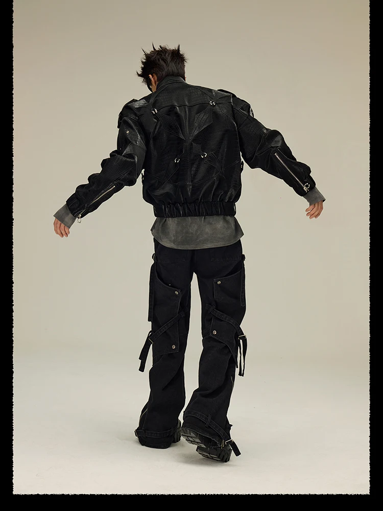 Mauroicardi Spring Autumn Cool Short Shiny Black Crocodile Print Pu Leather Jacket Men Luxury Designer Y2K Streetwear Clothes