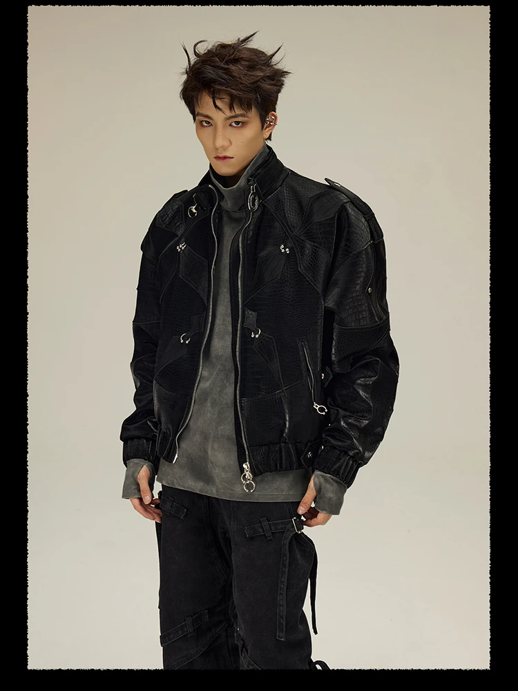 Mauroicardi Spring Autumn Cool Short Shiny Black Crocodile Print Pu Leather Jacket Men Luxury Designer Y2K Streetwear Clothes