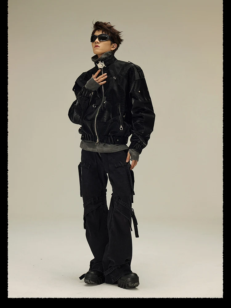 Mauroicardi Spring Autumn Cool Short Shiny Black Crocodile Print Pu Leather Jacket Men Luxury Designer Y2K Streetwear Clothes