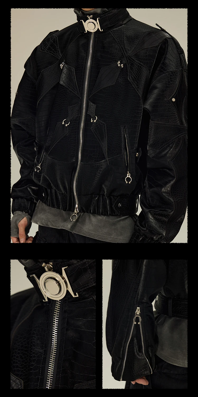 Mauroicardi Spring Autumn Cool Short Shiny Black Crocodile Print Pu Leather Jacket Men Luxury Designer Y2K Streetwear Clothes