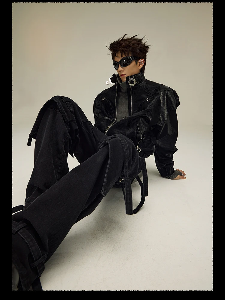 Mauroicardi Spring Autumn Cool Short Shiny Black Crocodile Print Pu Leather Jacket Men Luxury Designer Y2K Streetwear Clothes