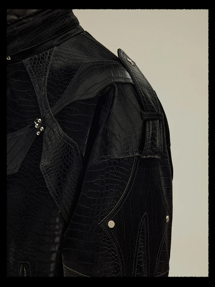 Mauroicardi Spring Autumn Cool Short Shiny Black Crocodile Print Pu Leather Jacket Men Luxury Designer Y2K Streetwear Clothes