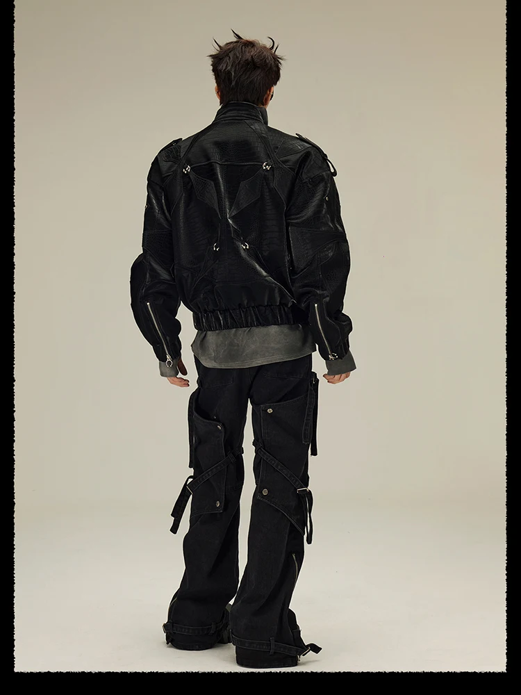 Mauroicardi Spring Autumn Cool Short Shiny Black Crocodile Print Pu Leather Jacket Men Luxury Designer Y2K Streetwear Clothes