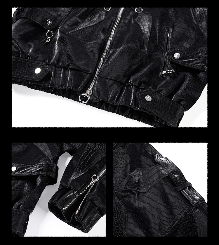 Mauroicardi Spring Autumn Cool Short Shiny Black Crocodile Print Pu Leather Jacket Men Luxury Designer Y2K Streetwear Clothes