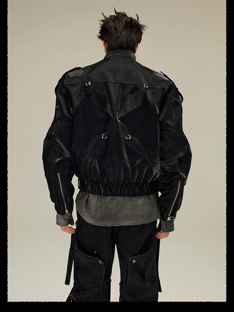 Mauroicardi Spring Autumn Cool Short Shiny Black Crocodile Print Pu Leather Jacket Men Luxury Designer Y2K Streetwear Clothes