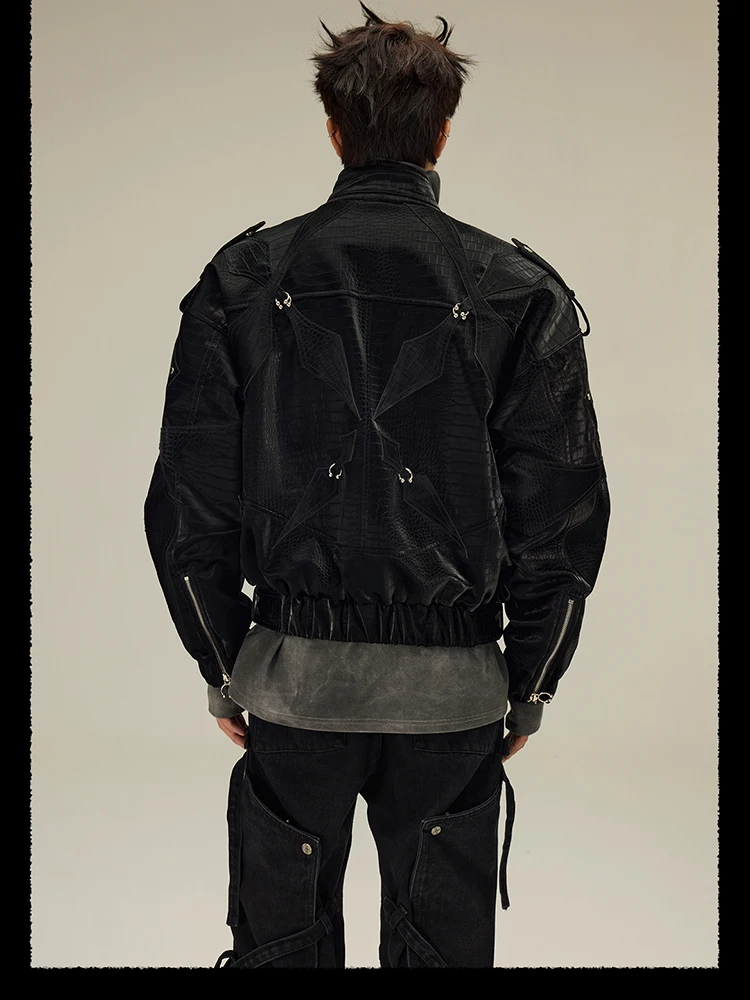 Mauroicardi Spring Autumn Cool Short Shiny Black Crocodile Print Pu Leather Jacket Men Luxury Designer Y2K Streetwear Clothes