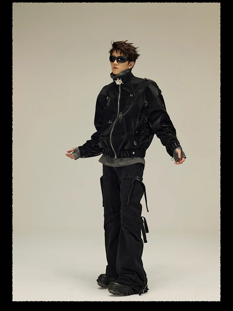 Mauroicardi Spring Autumn Cool Short Shiny Black Crocodile Print Pu Leather Jacket Men Luxury Designer Y2K Streetwear Clothes
