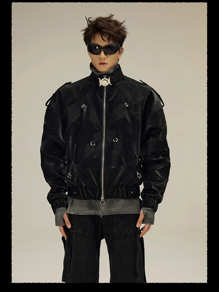 Mauroicardi Spring Autumn Cool Short Shiny Black Crocodile Print Pu Leather Jacket Men Luxury Designer Y2K Streetwear Clothes