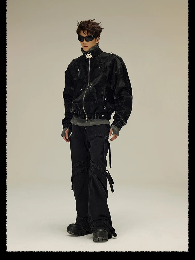 Mauroicardi Spring Autumn Cool Short Shiny Black Crocodile Print Pu Leather Jacket Men Luxury Designer Y2K Streetwear Clothes