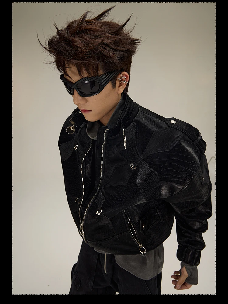Mauroicardi Spring Autumn Cool Short Shiny Black Crocodile Print Pu Leather Jacket Men Luxury Designer Y2K Streetwear Clothes