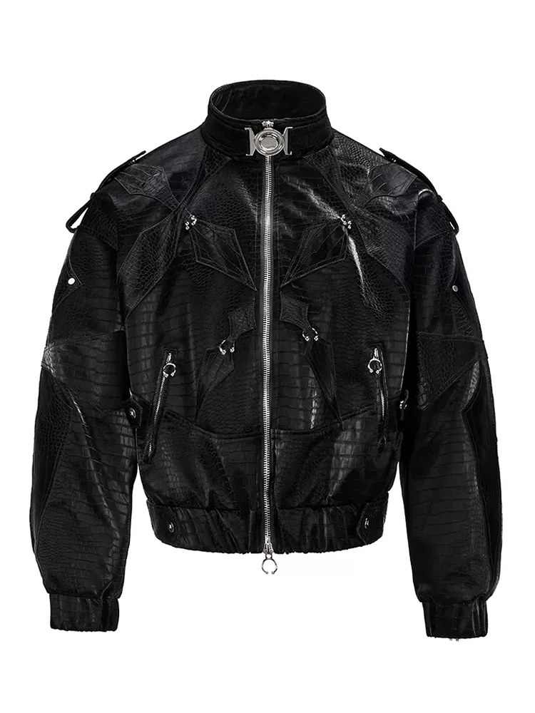 Mauroicardi Spring Autumn Cool Short Shiny Black Crocodile Print Pu Leather Jacket Men Luxury Designer Y2K Streetwear Clothes