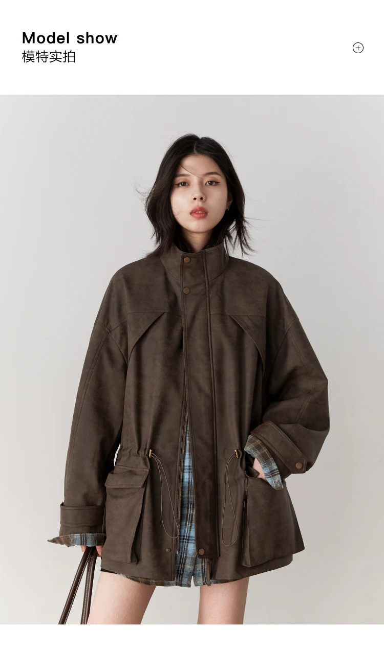 CHIC VEN New Women Suede Jackets Loose Retro Stand Up Collar Mid-length Ladies Casual Coat Female Overcoat Autumn Winter 2025