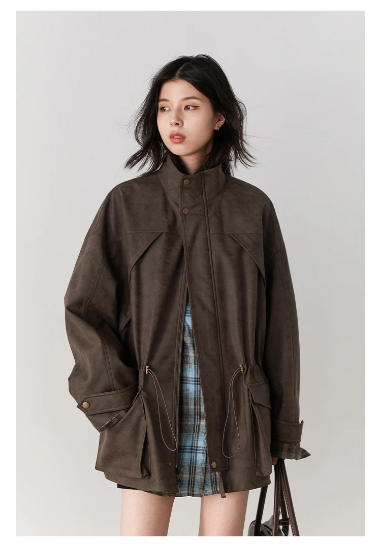 CHIC VEN New Women Suede Jackets Loose Retro Stand Up Collar Mid-length Ladies Casual Coat Female Overcoat Autumn Winter 2025