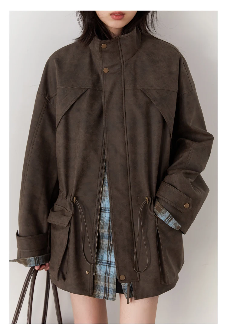 CHIC VEN New Women Suede Jackets Loose Retro Stand Up Collar Mid-length Ladies Casual Coat Female Overcoat Autumn Winter 2025