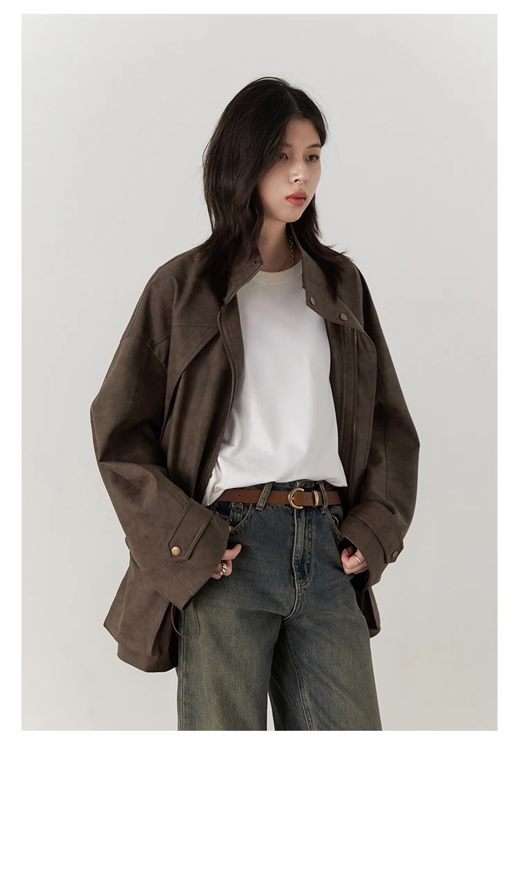 CHIC VEN New Women Suede Jackets Loose Retro Stand Up Collar Mid-length Ladies Casual Coat Female Overcoat Autumn Winter 2025