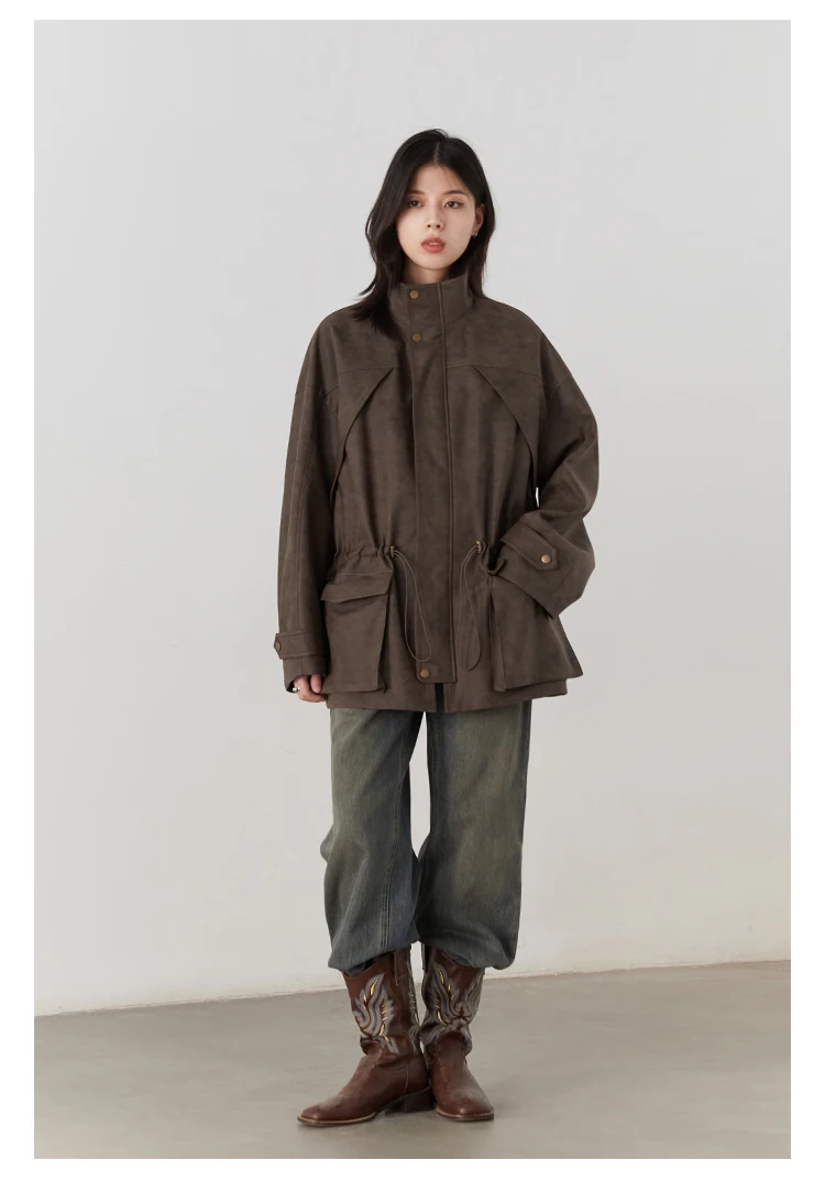 CHIC VEN New Women Suede Jackets Loose Retro Stand Up Collar Mid-length Ladies Casual Coat Female Overcoat Autumn Winter 2025