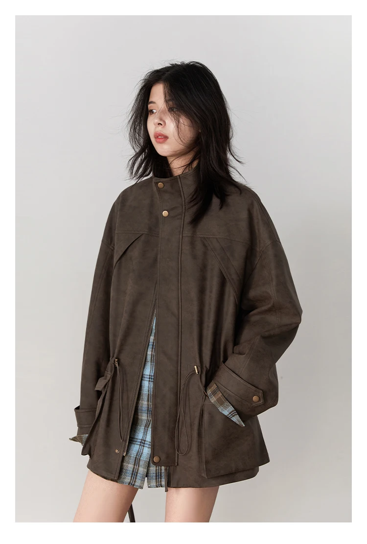CHIC VEN New Women Suede Jackets Loose Retro Stand Up Collar Mid-length Ladies Casual Coat Female Overcoat Autumn Winter 2025