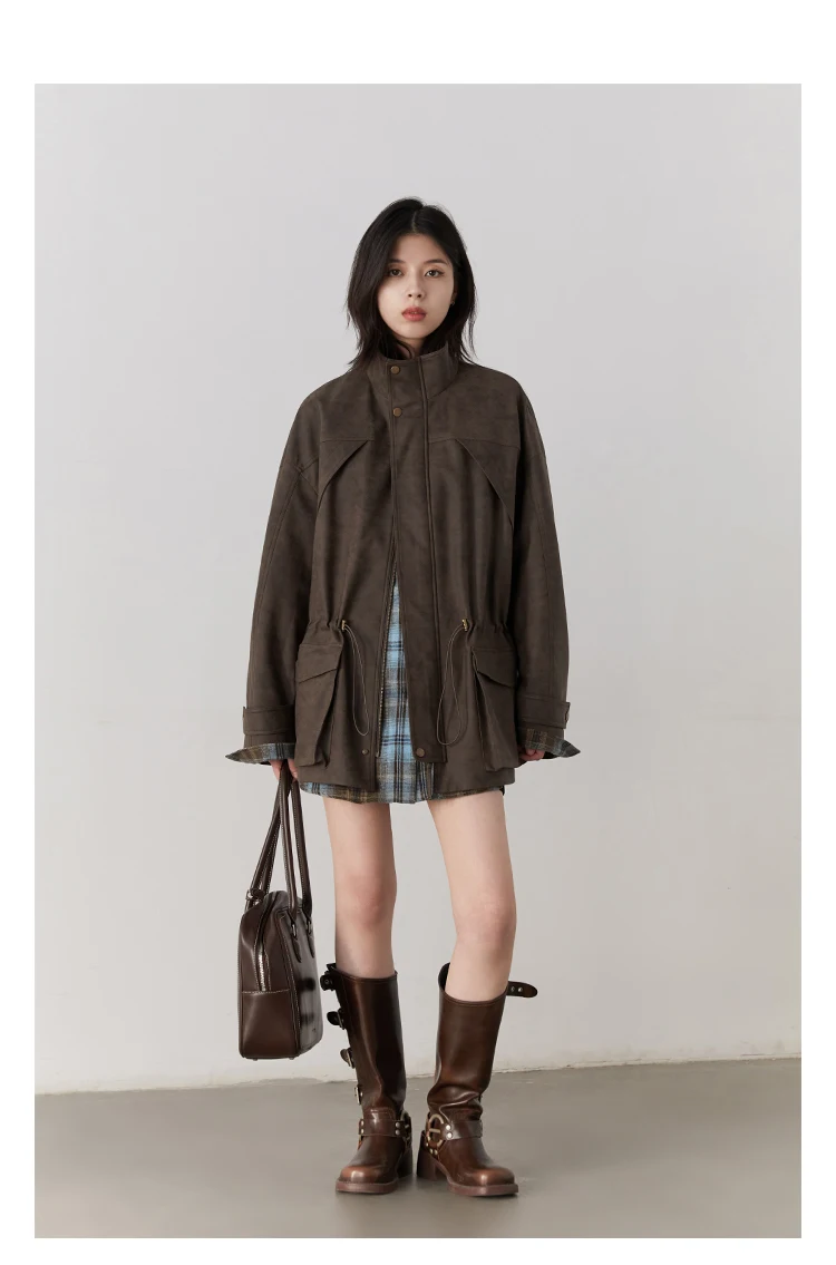 CHIC VEN New Women Suede Jackets Loose Retro Stand Up Collar Mid-length Ladies Casual Coat Female Overcoat Autumn Winter 2025