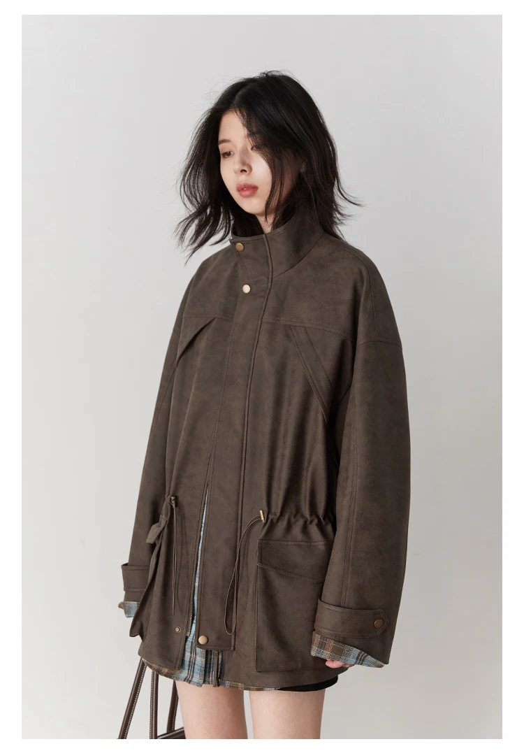 CHIC VEN New Women Suede Jackets Loose Retro Stand Up Collar Mid-length Ladies Casual Coat Female Overcoat Autumn Winter 2025