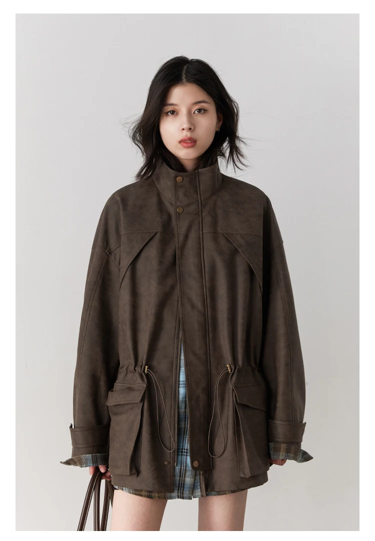 CHIC VEN New Women Suede Jackets Loose Retro Stand Up Collar Mid-length Ladies Casual Coat Female Overcoat Autumn Winter 2025