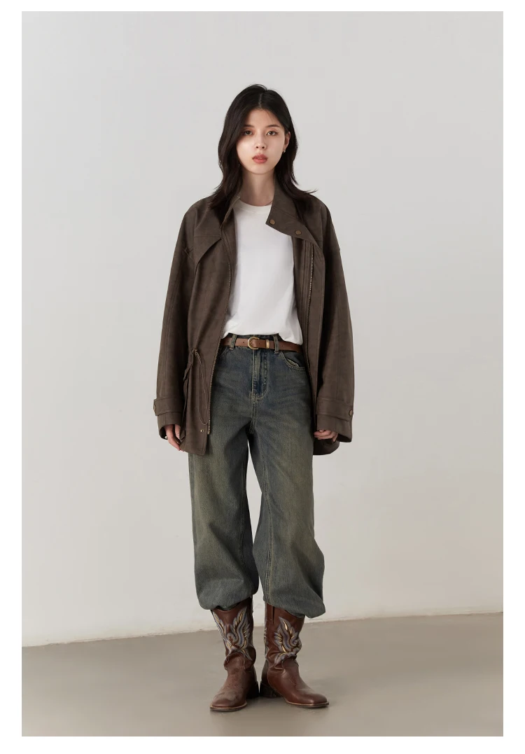 CHIC VEN New Women Suede Jackets Loose Retro Stand Up Collar Mid-length Ladies Casual Coat Female Overcoat Autumn Winter 2025